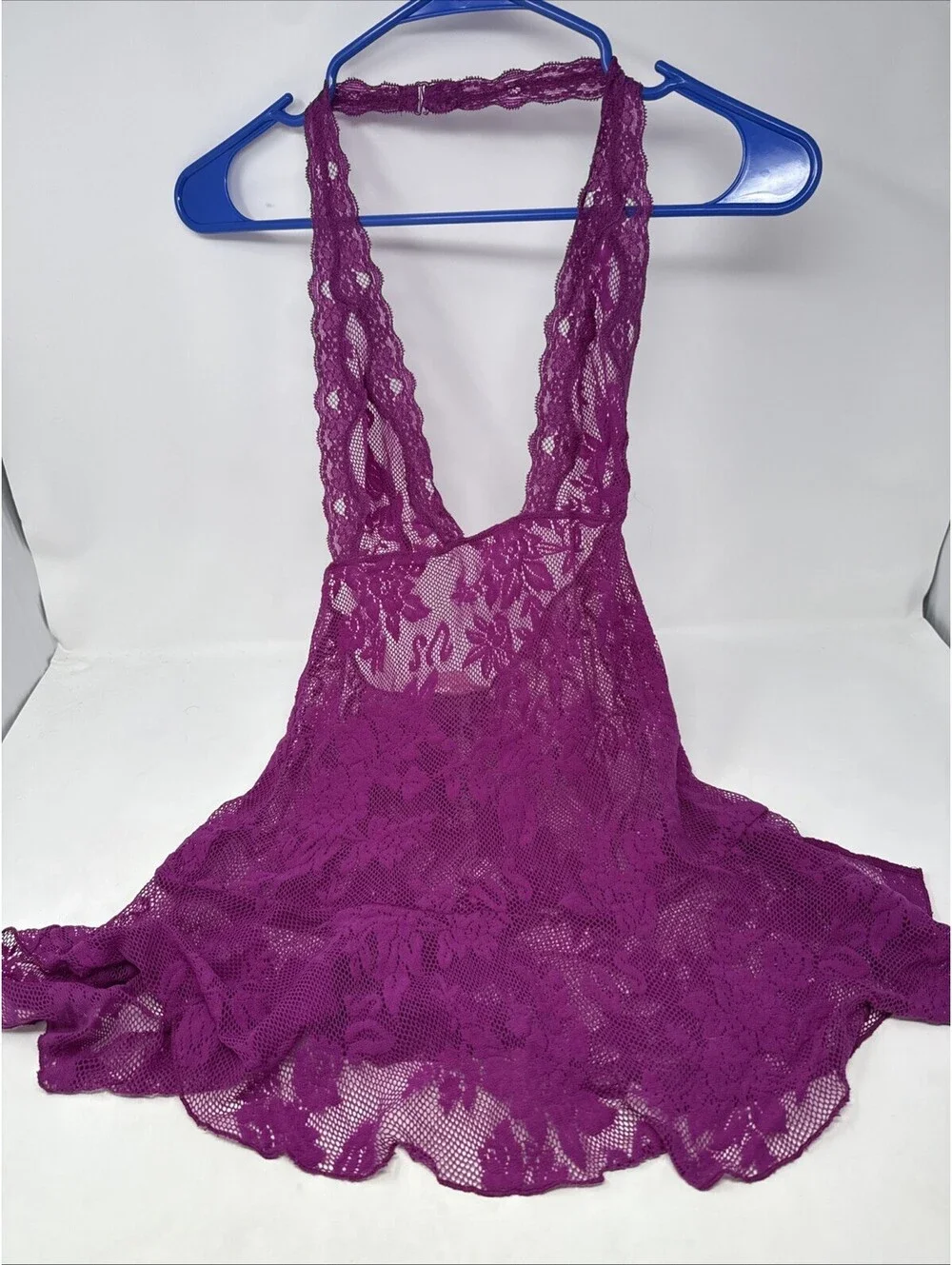 Victoria’s Secret Mesh Magenta Fishnet Floral Lace Halter Lingerie Babydoll Sz S